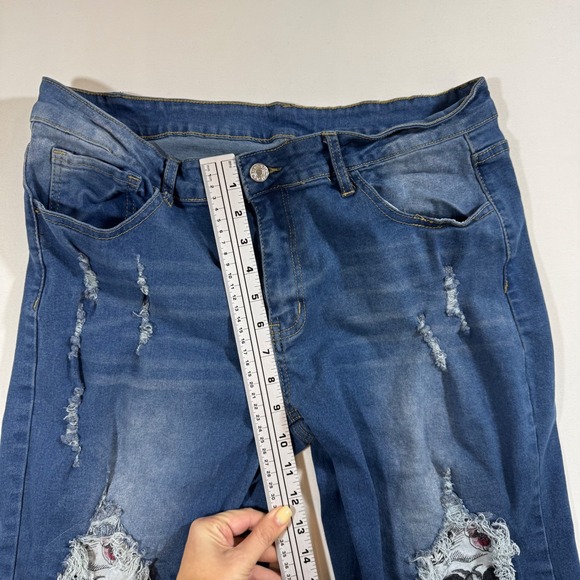 Stretchy Jeans Skull Ripped Denim Blue L Unique Grunge Rocker Punk Streetwear - Picture 6 of 11